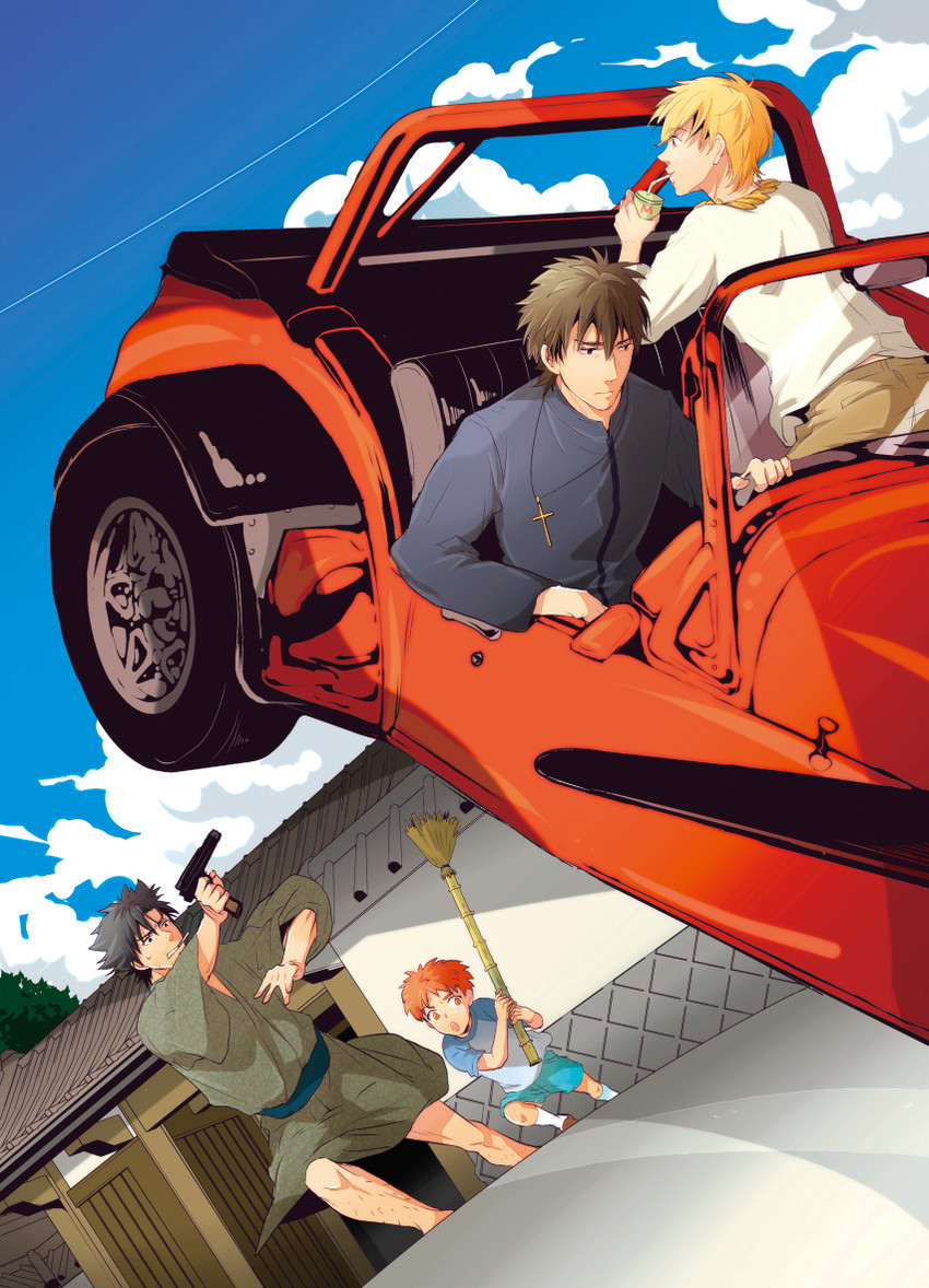 emiya shirou, kotomine kirei, emiya kiritsugu, and gilgamesh (fate and 1 more) drawn by tohkawa