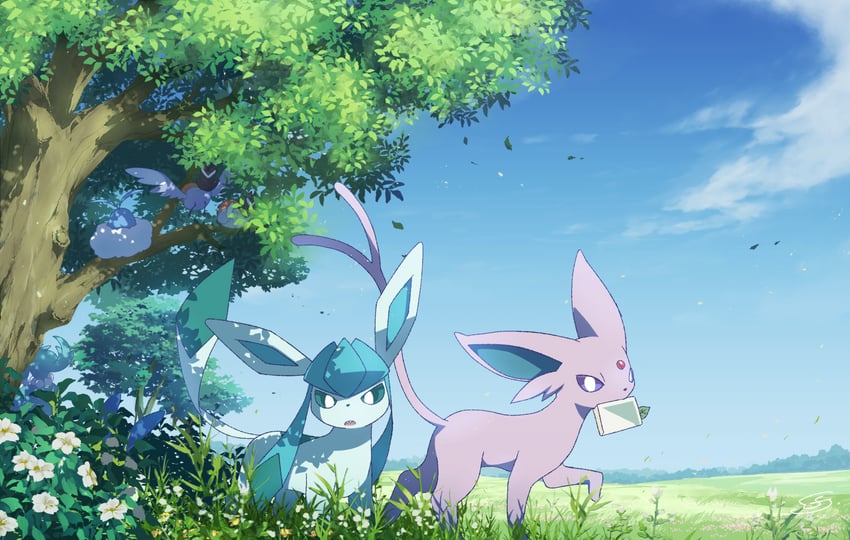 glaceon, espeon, swablu, and fletchling (pokemon) drawn by hime_takeo