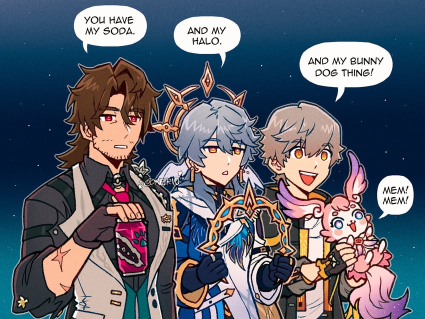 trailblazer, caelus, sunday, gallagher, and mem (honkai and 1 more) drawn by oneirio