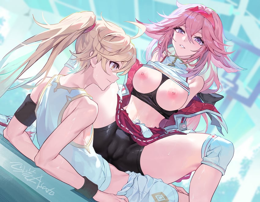 aether and yae miko (genshin impact) drawn by xinliu_asato