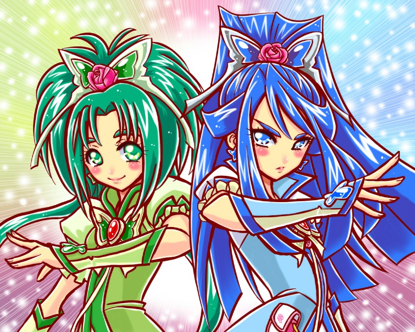 minazuki karen, akimoto komachi, cure aqua, and cure mint (precure and 1 more) drawn by omochi100ko