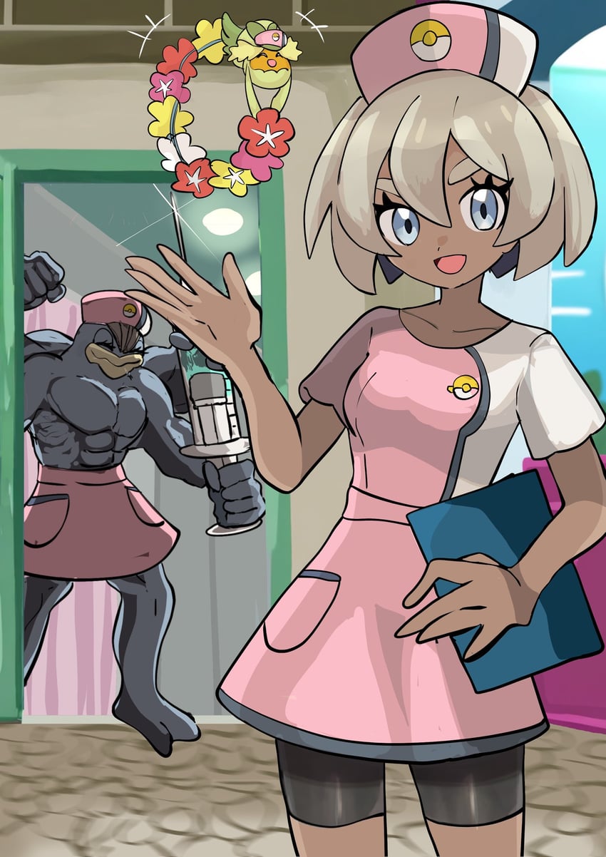 bea, machamp, joy, and comfey (pokemon and 1 more) drawn by makademia