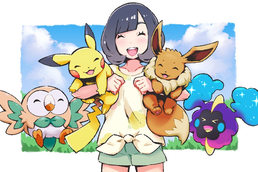 pikachu, eevee, selene, rowlet, and cosmog (pokemon and 1 more) drawn by mk_(mikka)
