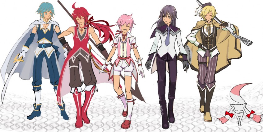 akemi homura, kaname madoka, miki sayaka, sakura kyoko, tomoe mami, and 1 more (mahou shoujo madoka magica) drawn by shou_j