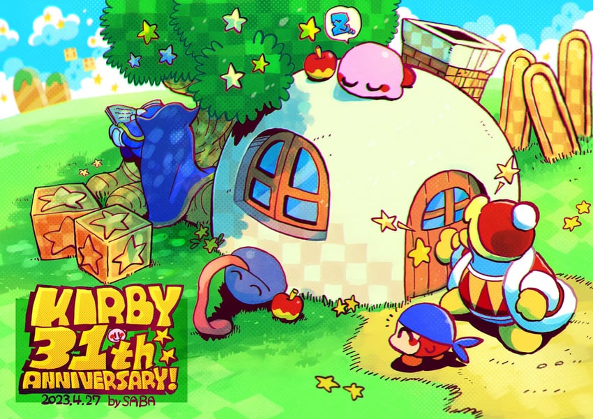 kirby, meta knight, king dedede, bandana waddle dee, and gooey (kirby) drawn by saba_hokke