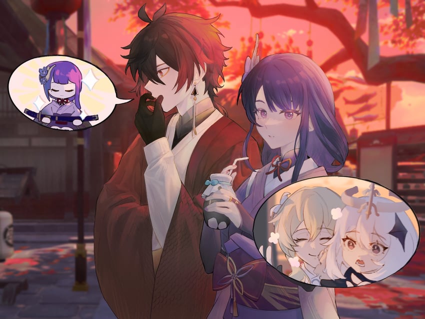 lumine, raiden shogun, zhongli, and paimon (genshin impact) drawn by xi58319554