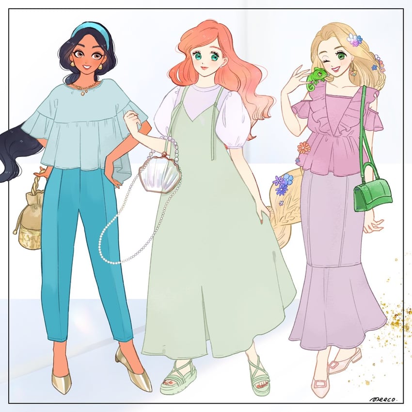 ariel, rapunzel, jasmine, and pascal (the little mermaid and 3 more) drawn by meecosme