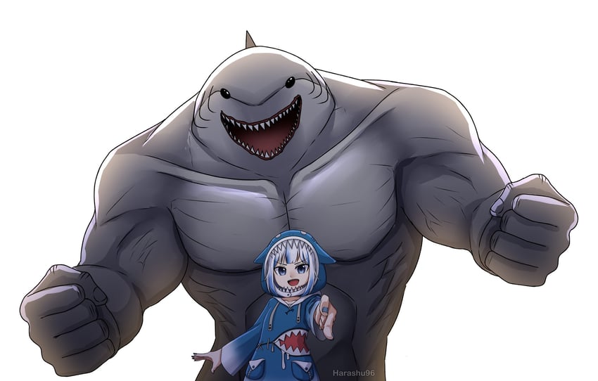 gawr gura and king shark (hololive and 2 more) drawn by harashu_(harashu96)
