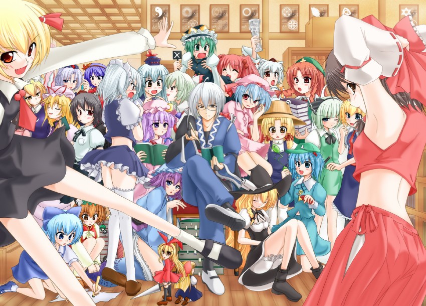 hakurei reimu, kirisame marisa, remilia scarlet, izayoi sakuya, konpaku youmu, and 25 more (touhou) drawn by kirihane
