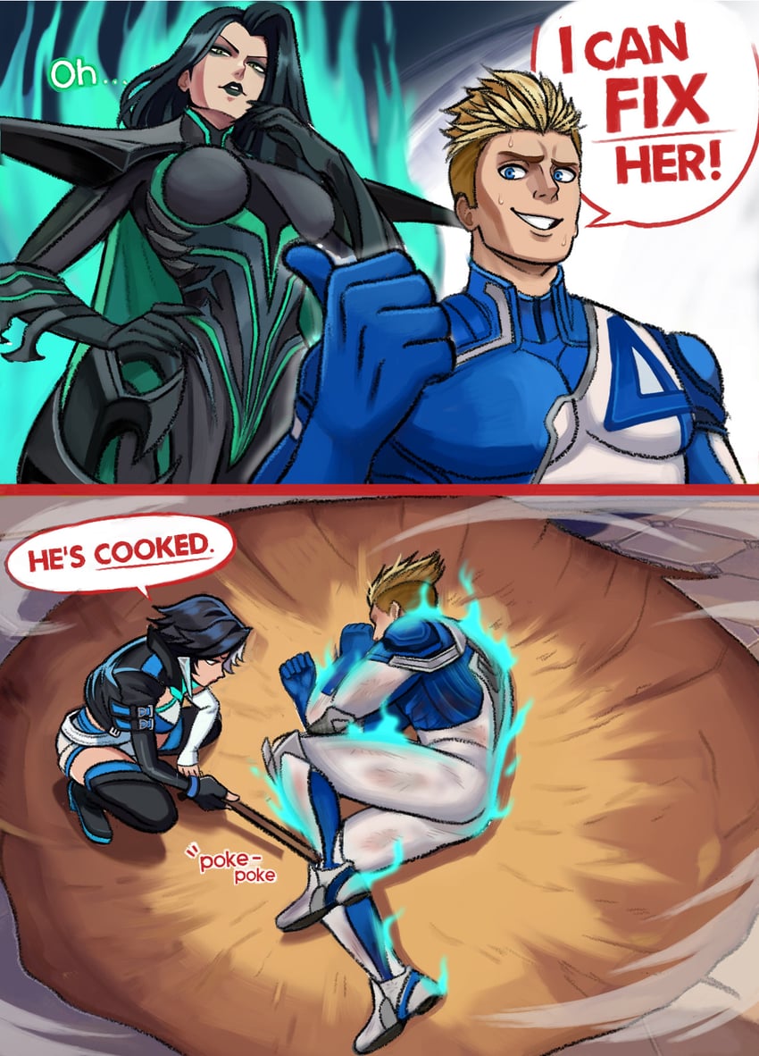 luna snow, hela, johnny storm, and human torch (marvel and 4 more) drawn by neggoartz