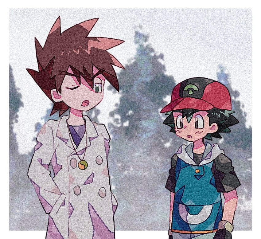 ash ketchum and gary oak (pokemon and 1 more) drawn by mgomurainu