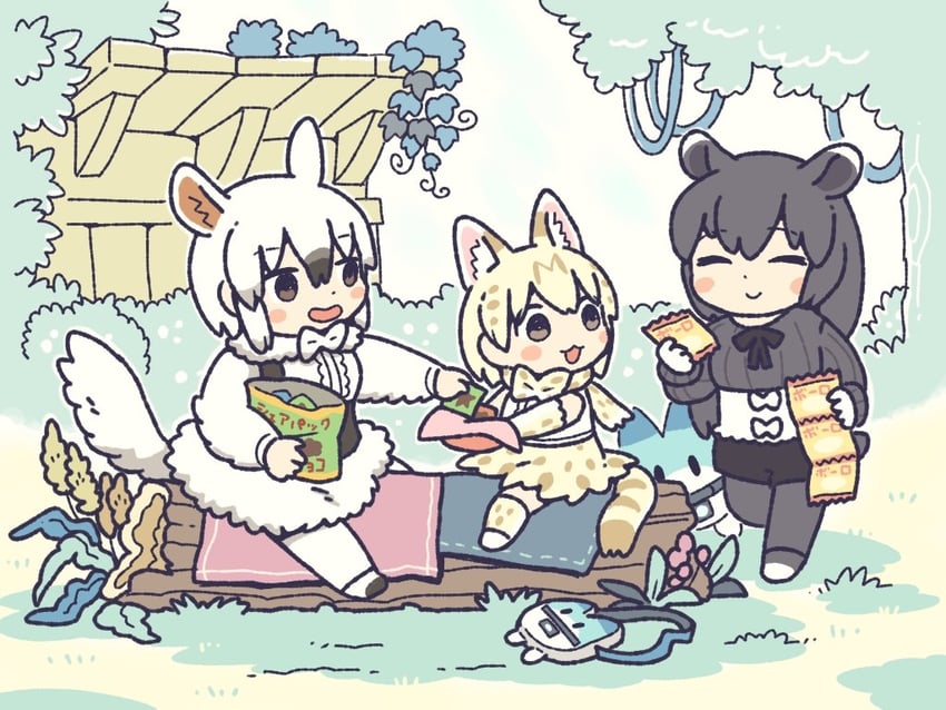 lucky beast, southern tamandua, white serval, and malayan tapir (kemono friends) drawn by kuro_shiro_(kuro96siro46)