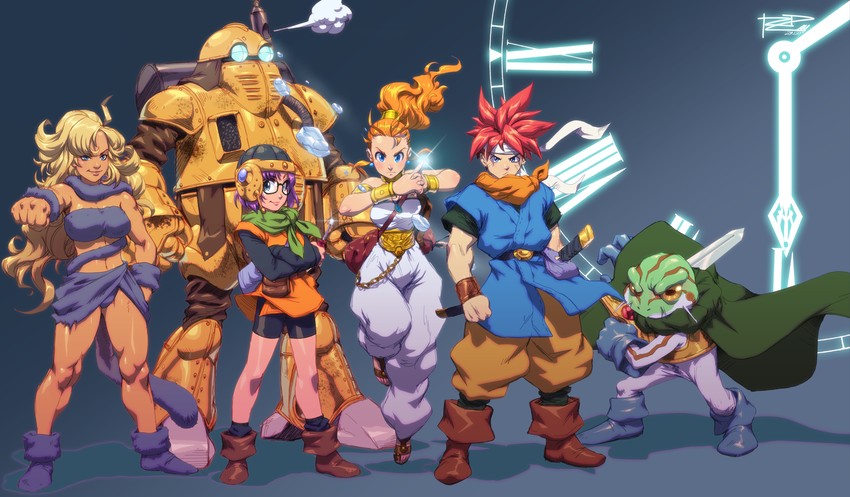 lucca ashtear, crono, marle, ayla, frog, and 1 more (chrono trigger) drawn by robaato