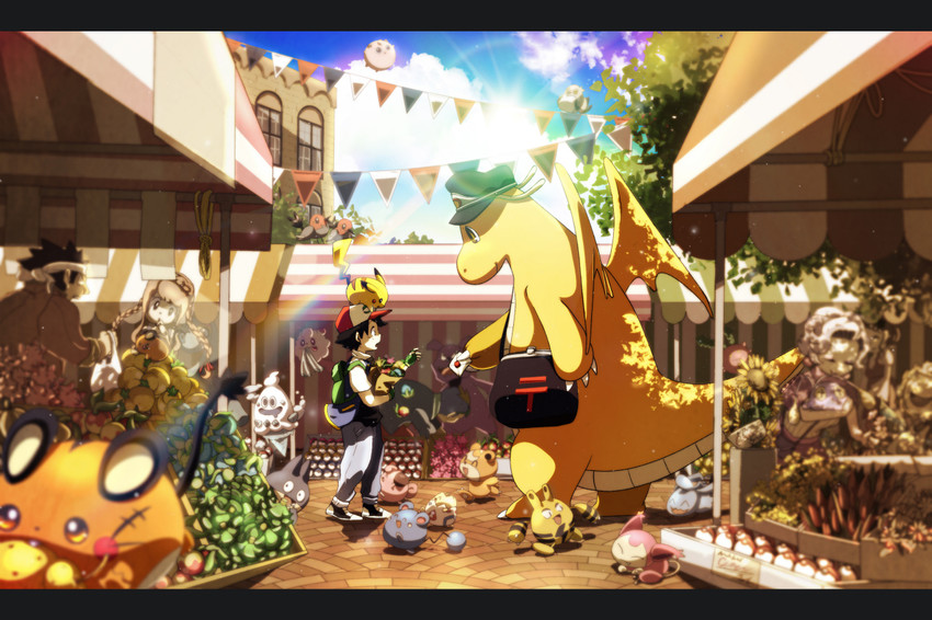pikachu, ash ketchum, jigglypuff, dragonite, togepi, and 14 more (pokemon) drawn by imomushi_(pixiv_9001433)