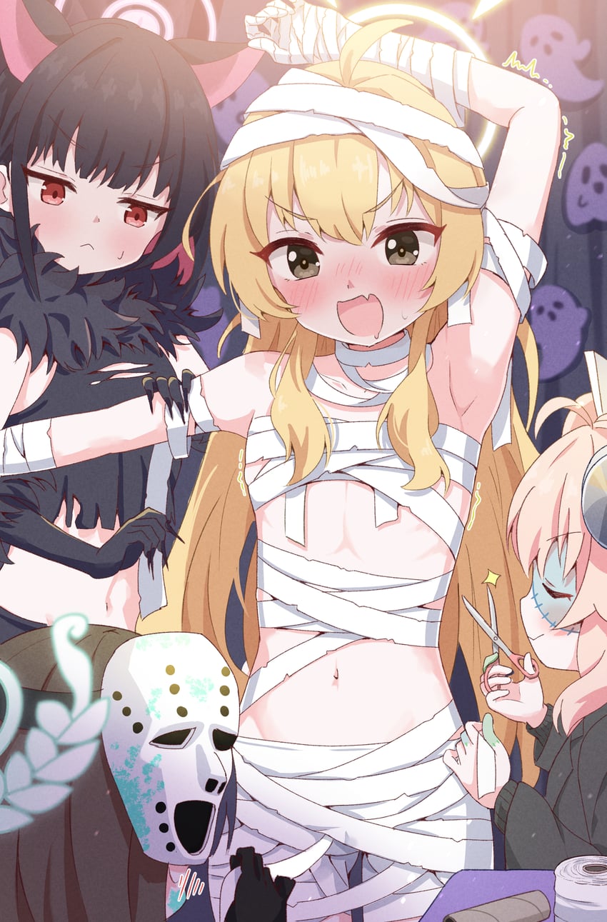 kazusa, natsu, yoshimi, airi, and frankenstein's monster (blue archive) drawn by mikumiku37