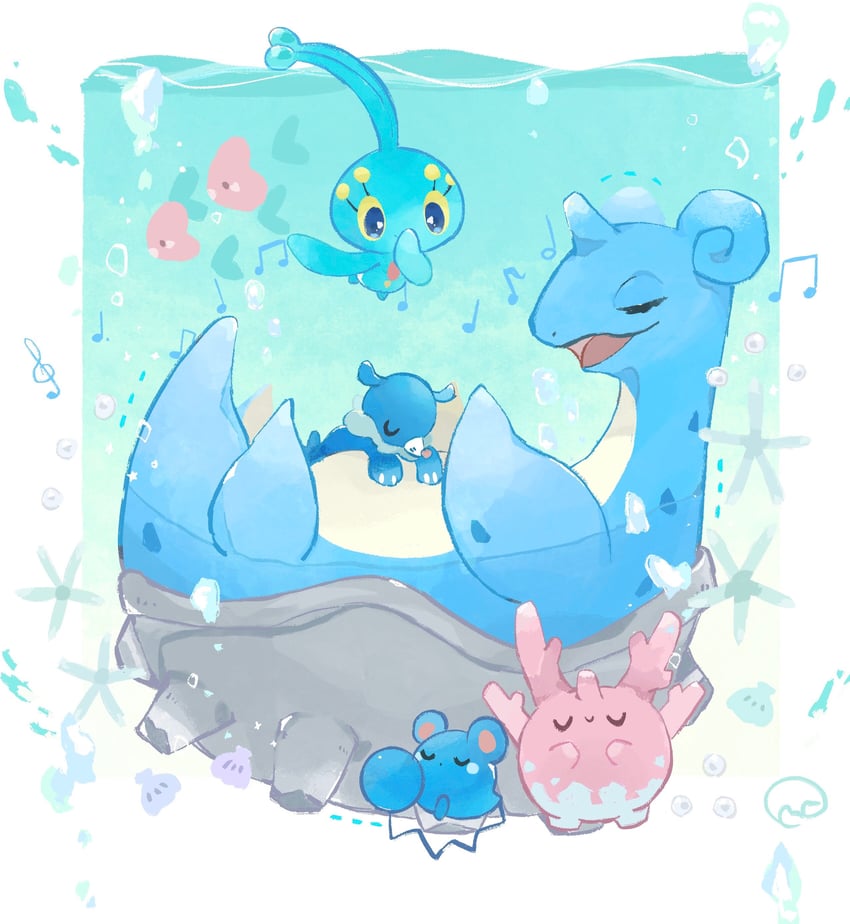 popplio, lapras, luvdisc, corsola, manaphy, and 1 more (pokemon) drawn by momoniku100