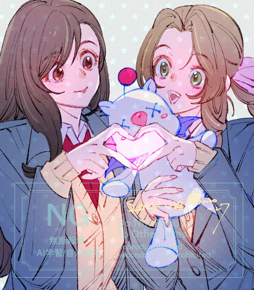 tifa lockhart, aerith gainsborough, and moogle (final fantasy and 1 more) drawn by wakakusa-e