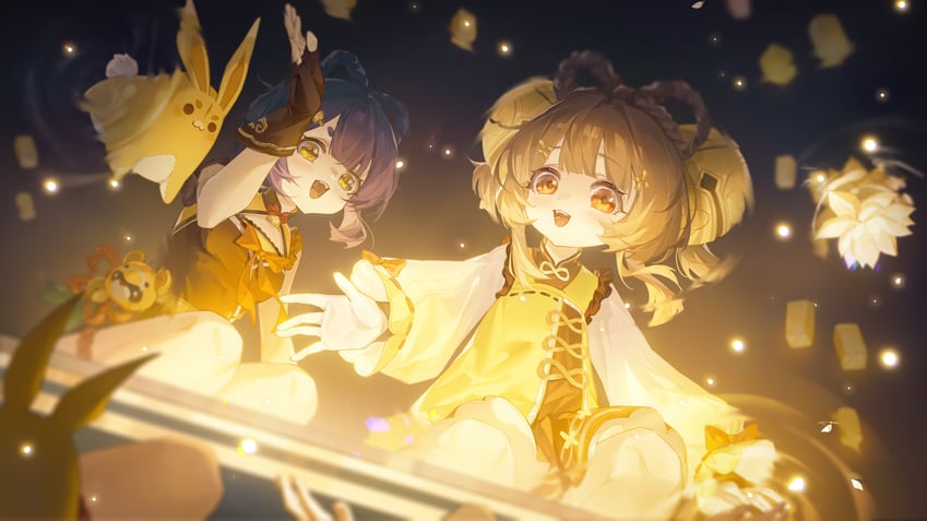 xiangling, guoba, yaoyao, and yuegui (genshin impact) drawn by tuzhate