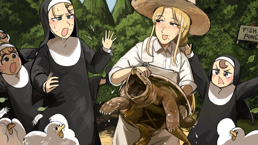clumsy nun, froggy nun, strict nun, glasses nun, and strict nun's mother (little nuns) drawn by diva_(hyxpk)