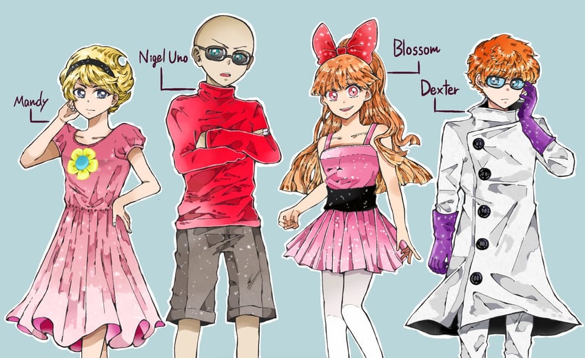 blossom, mandy, dexter, and numbuh 1 (powerpuff girls and 4 more) drawn by danishi