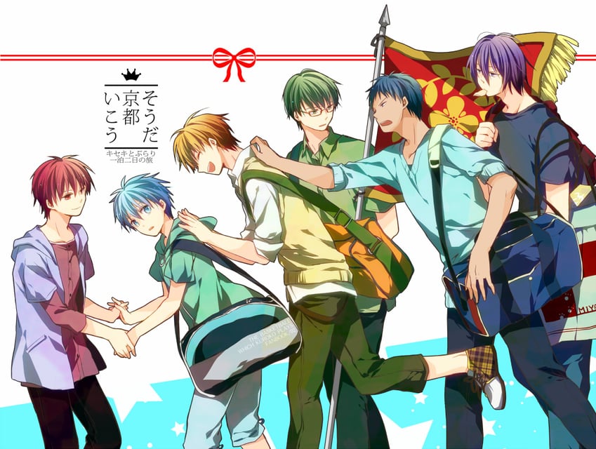 kuroko tetsuya, aomine daiki, kise ryouta, akashi seijuurou, midorima shintarou, and 1 more (kuroko no basuke) drawn by krk-anise