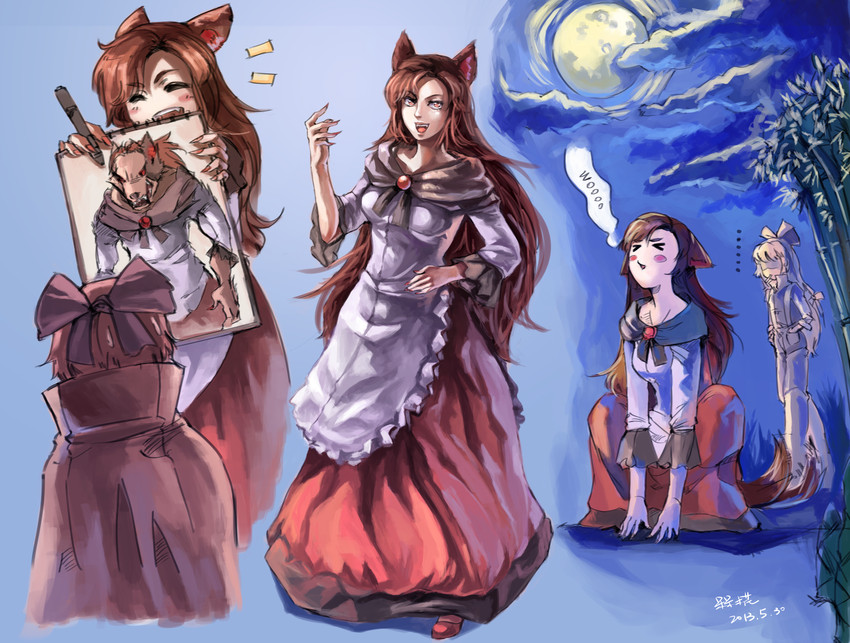 fujiwara no mokou, imaizumi kagerou, and sekibanki (touhou) drawn by lleu