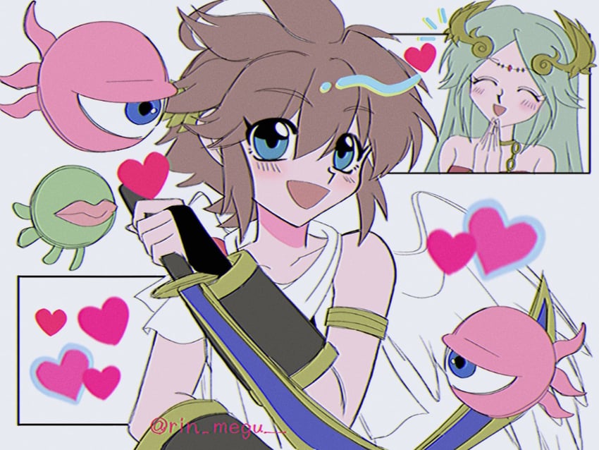 palutena, pit, monoeye, and mik (kid icarus and 1 more) drawn by rin_megu
