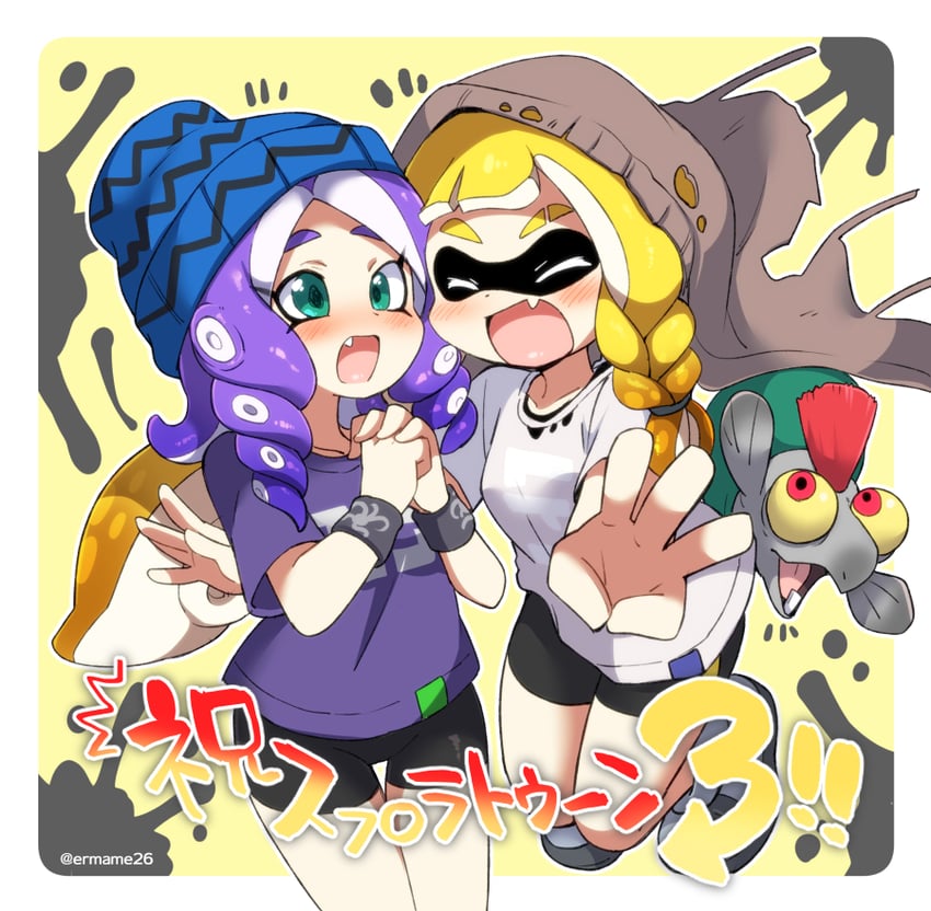 inkling player character, inkling girl, octoling player character, octoling girl, smallfry, and 2 more (splatoon and 1 more) drawn by eromame