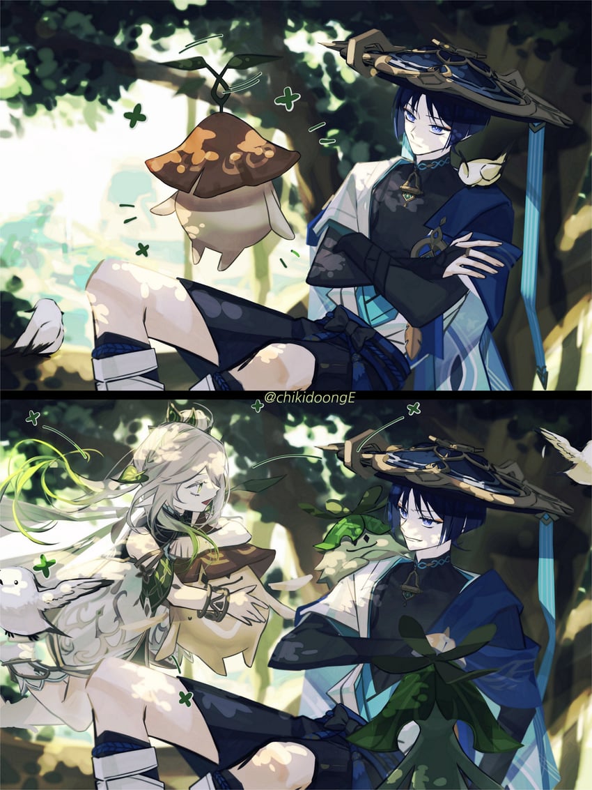 scaramouche, nahida, wanderer, and aranara (genshin impact) drawn by chikidoong