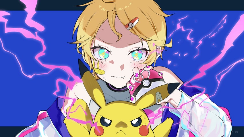 kagamine len, pikachu, and electric len (pokemon and 3 more) drawn by syiga