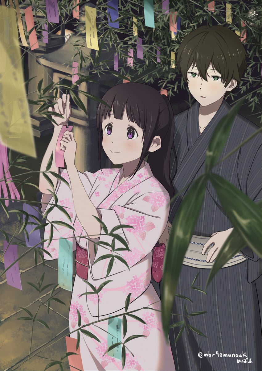 chitanda eru and oreki houtarou (hyouka) drawn by maburoku