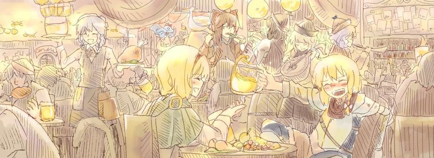 hakurei reimu, kirisame marisa, izayoi sakuya, alice margatroid, lunasa prismriver, and 2 more (touhou) drawn by menbou_(nonnontako)