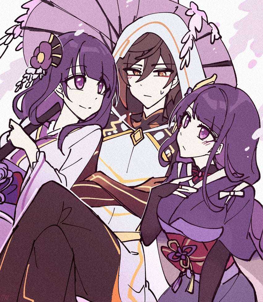 raiden shogun, zhongli, and makoto (genshin impact) drawn by c520gpss