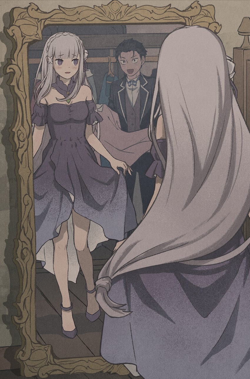 emilia and natsuki subaru (re:zero kara hajimeru isekai seikatsu) drawn by iwamushi