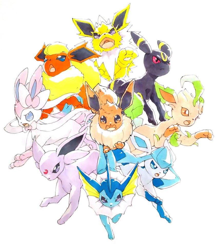 eevee, umbreon, glaceon, vaporeon, espeon, and 3 more (pokemon) drawn by tartarte_tatin