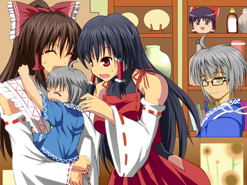 hakurei reimu, morichika rinnosuke, and sendai hakurei no miko (original and 2 more) drawn by masoppo