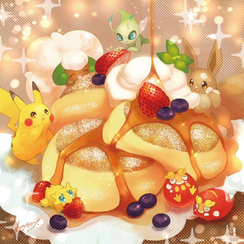 pikachu, eevee, celebi, whimsicott, joltik, and 1 more (pokemon) drawn by kikuyoshi_(tracco)