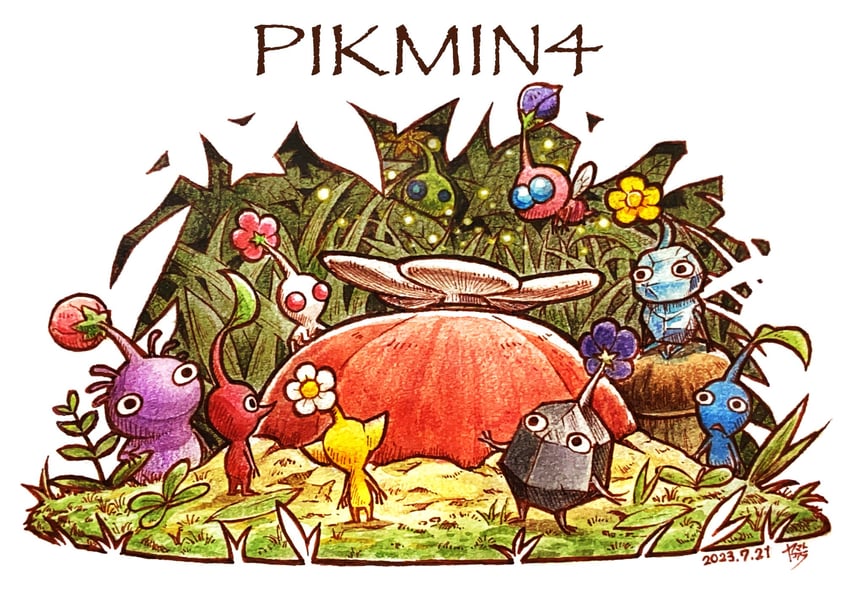 red pikmin, yellow pikmin, blue pikmin, purple pikmin, white pikmin, and 4 more (pikmin and 1 more) drawn by yamato_koara