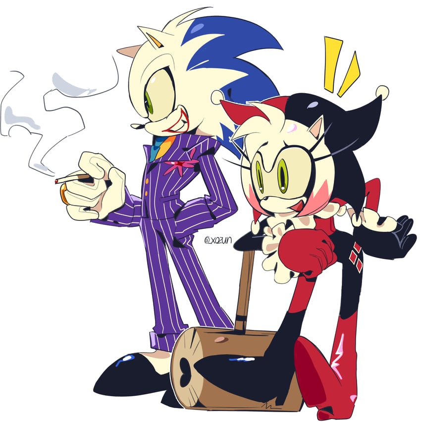 sonic the hedgehog, amy rose, harley quinn, and joker (sonic and 2 more) drawn by x0zun