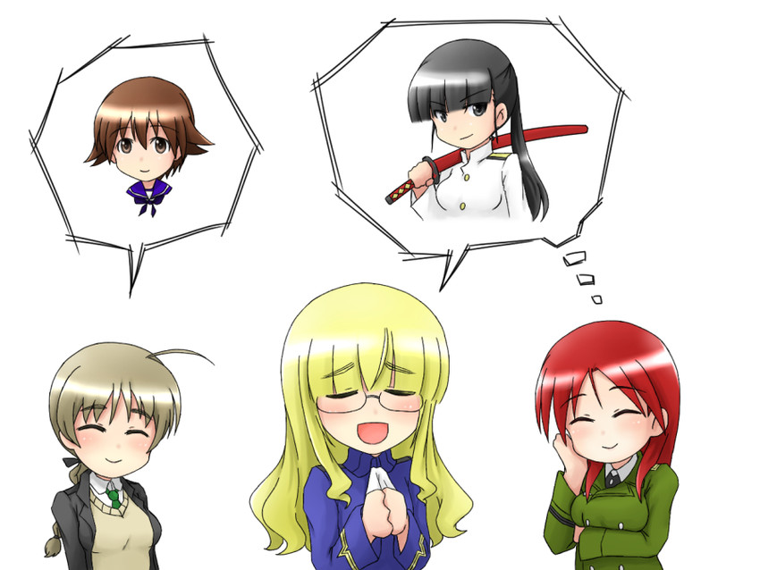 miyafuji yoshika, perrine h. clostermann, lynette bishop, sakamoto mio, and minna-dietlinde wilcke (world witches series and 1 more) drawn by isosceles_triangle_(xyzxyzxyz)