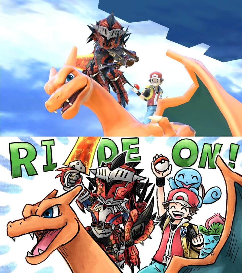 red, monster hunter, charizard, squirtle, ivysaur, and 1 more (pokemon and 3 more) drawn by kicdon