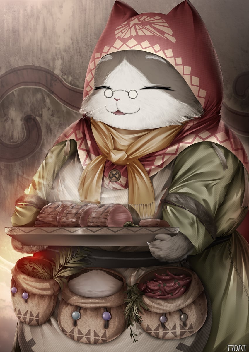 felyne and grammeowster chef (monster hunter and 1 more) drawn by gdat