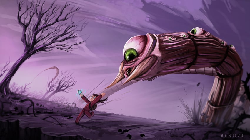 player character and eater of worlds (terraria) drawn by benii21