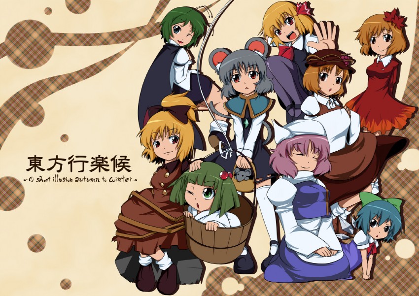 cirno, rumia, nazrin, wriggle nightbug, kurodani yamame, and 4 more (touhou) drawn by semikichi