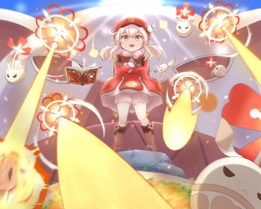 klee, dodoco, jumpy dumpty, and hilichurl (genshin impact) drawn by mendarunerusu