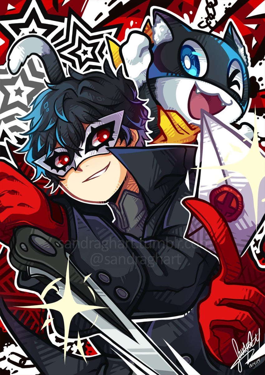 amamiya ren, morgana, and joker (persona and 2 more) drawn by sandragh