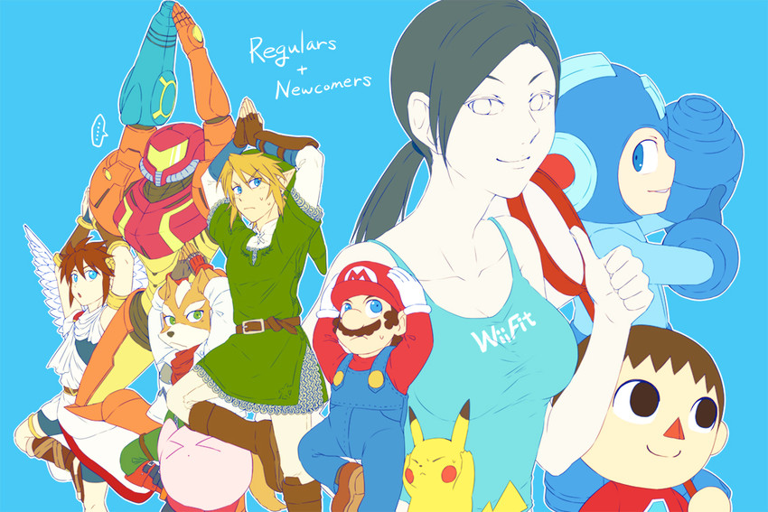 link, pikachu, kirby, samus aran, mario, and 5 more (pokemon and 11 more) drawn by saiba_(henrietta)