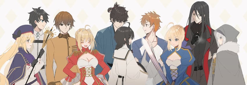 artoria pendragon, saber, fujimaru ritsuka, nero claudius, emiya shirou, and 7 more (fate and 5 more) drawn by shibaebi_(yasaip_game)