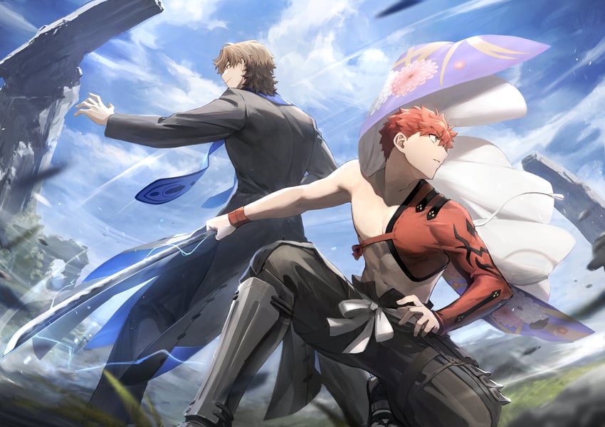 emiya shirou, kotomine kirei, senji muramasa, and grigori rasputin (fate and 1 more) drawn by okonon_(kado_colda)