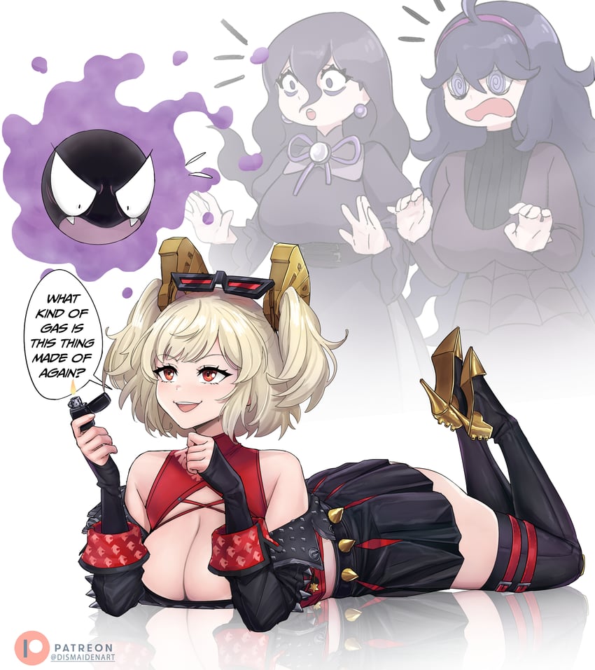 hex maniac, burnice white, and gastly (pokemon and 3 more) drawn by dismaiden